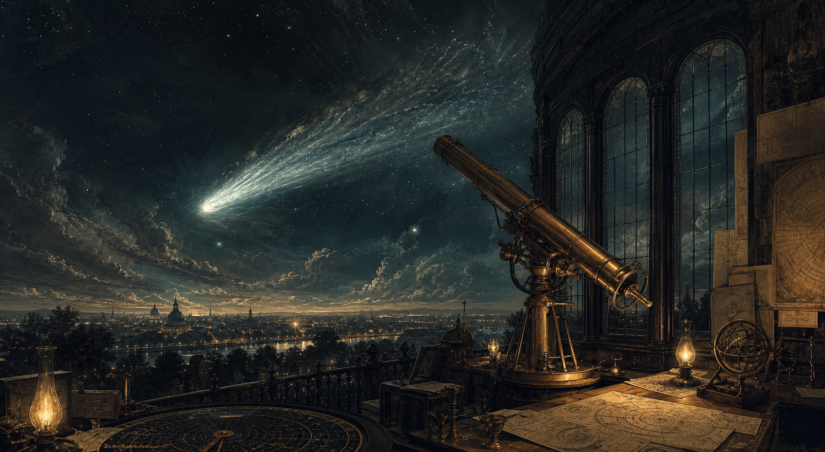 Illustrated observatory under a luminous night sky